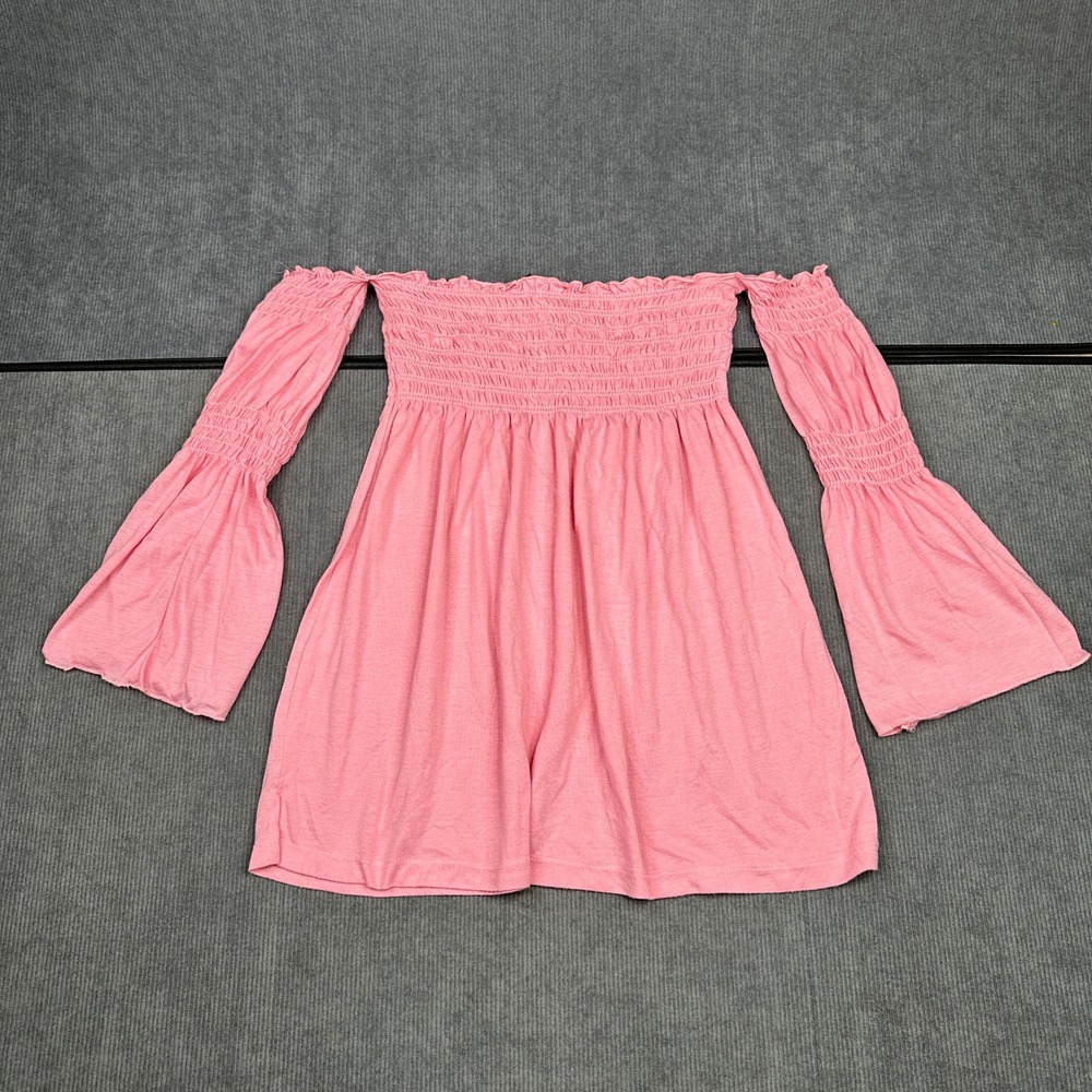 Passport Pink Smocked Off The Shoulder Bell Sleeve Top Large Boho Ruffle Y2k